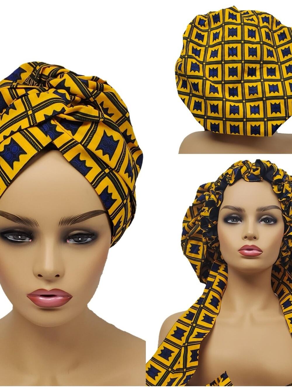 Yellow and Navy Geometric Satin-Lined Hair Bonnet & Turban Set